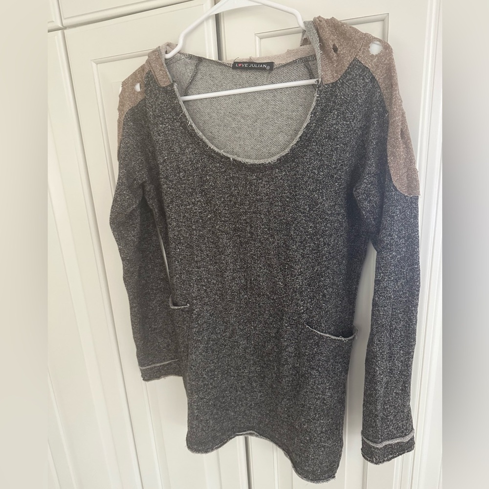 Lightweight pullover gray and beige hoodie with holes on hoodie and shoulders